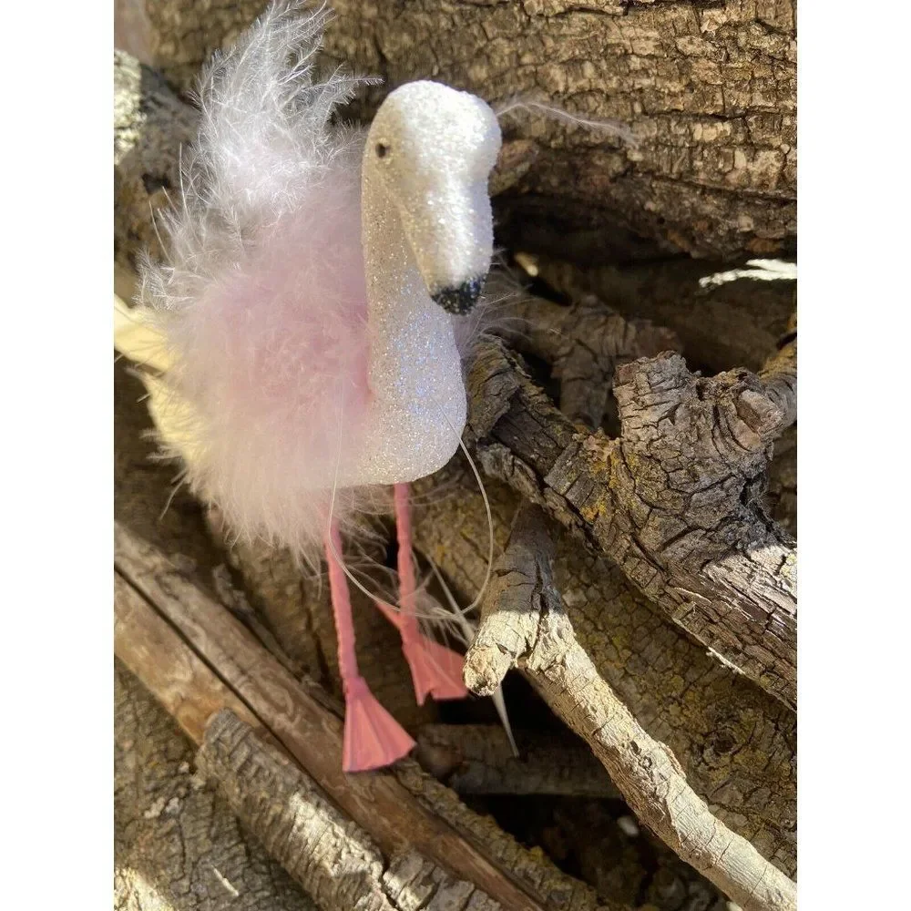 Silver Tree Pink Glittery Feathered Pink Flamingo Ornament Coastal NWT